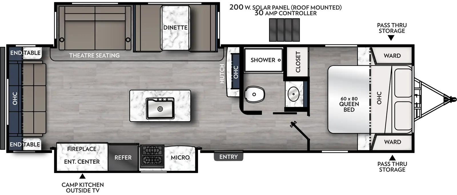 The 293RLDS has two slide outs, one on the off-door side and one on the door side, and one entry door on the door side. Interior layout from front to back: front bedroom with foot facing queen bed, overhead cabinet, wardrobes on either side of the bed, and closet on off-door side; off door side side aisle bathroom; hutch with overhead cabinet on off-door side. off-door side slide out containing dinette and theater seating; kitchen island with sink; door side slide out with kitchen containing microwave, cook top stove, refrigerator and entertainment center with fireplace; and sofa at the rear with overhead cabinet and two end tables; exterior camp kitchen w/ outside TV towards the rear.